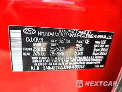Zdjęcie 12 z 12 samochodu: 2022 HYUNDAI SANTA FE SEL VIN:5NMS24AJ2NH400263 - miniatura