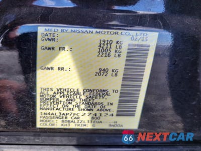 Zdjęcie 12 z 12 samochodu: 2015 NISSAN ALTIMA 2.5 SV VIN:1N4AL3AP7FC274124 - miniatura