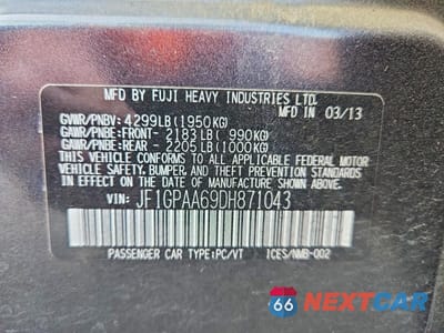 Zdjęcie 12 z 12 samochodu: 2013 SUBARU IMPREZA VIN:JF1GPAA69DH871043 - miniatura