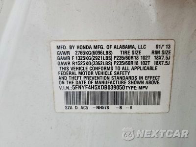 Zdjęcie 13 z 13 samochodu: 2013 HONDA PILOT EXL VIN:5FNYF4H5XDB039050 - miniatura