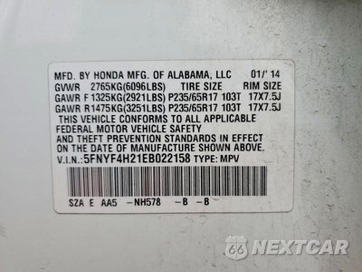 Zdjęcie 14 z 14 samochodu: 2014 HONDA PILOT LX VIN:5FNYF4H21EB022158 - miniatura