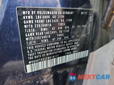 Zdjęcie 12 z 12 samochodu: 2012 VOLKSWAGEN TIGUAN S VIN:WVGAV7AX2CW518117 - miniatura