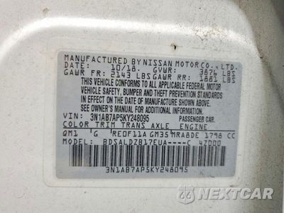 Zdjęcie 12 z 12 samochodu: 2019 NISSAN SENTRA SV VIN:3N1AB7AP5KY248095 - miniatura