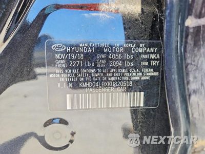 Zdjęcie 12 z 12 samochodu: 2019 HYUNDAI ELANTRA SPORT VIN:KMHD04LBXKU820518 - miniatura