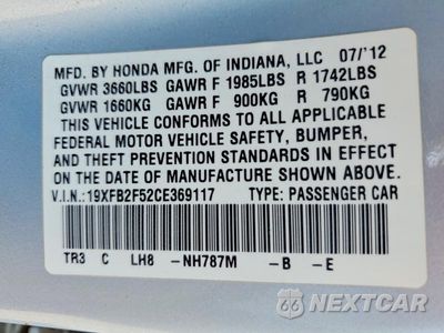 Zdjęcie 13 z 13 samochodu: 2012 HONDA CIVIC LX VIN:19XFB2F52CE369117 - miniatura