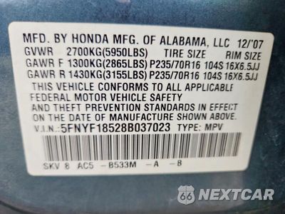 Zdjęcie 12 z 12 samochodu: 2008 HONDA PILOT EXL VIN:5FNYF18528B037023 - miniatura