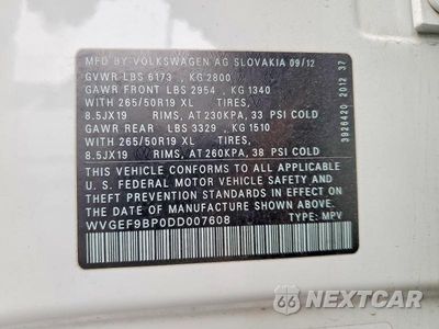 Zdjęcie 12 z 12 samochodu: 2013 VOLKSWAGEN TOUAREG V6 VIN:WVGEF9BP0DD007608 - miniatura