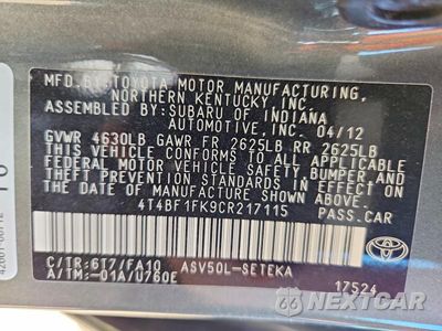 Zdjęcie 12 z 12 samochodu: 2012 TOYOTA CAMRY L VIN:4T4BF1FK9CR217115 - miniatura