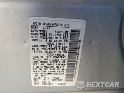 Zdjęcie 12 z 12 samochodu: 2012 NISSAN MURANO S VIN:JN8AZ1MW6CW203088 - miniatura