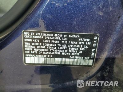 Zdjęcie 12 z 12 samochodu: 2012 VOLKSWAGEN PASSAT S VIN:1VWAP7A37CC071116 - miniatura