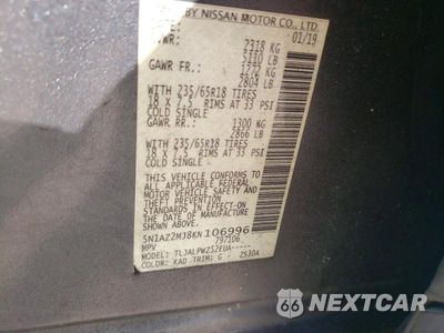 Zdjęcie 12 z 12 samochodu: 2019 NISSAN MURANO S VIN:5N1AZ2MJ8KN106996 - miniatura