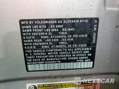 Zdjęcie 12 z 12 samochodu: 2013 VOLKSWAGEN TOUAREG V6 VIN:WVGEF9BP1DD004118 - miniatura