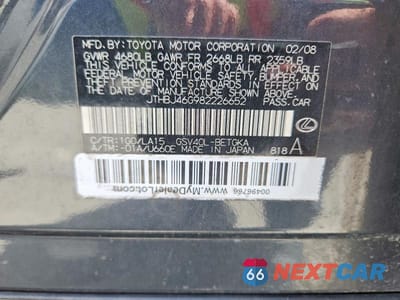 Zdjęcie 12 z 12 samochodu: 2008 LEXUS ES 350 VIN:JTHBJ46G982226652 - miniatura