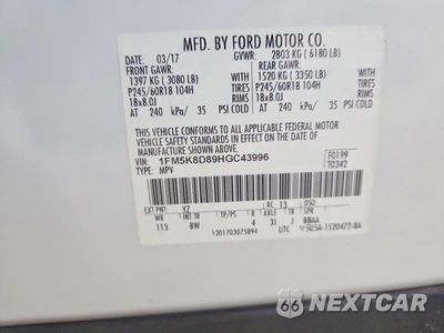 Zdjęcie 12 z 12 samochodu: 2017 FORD EXPLORER XLT VIN:1FM5K8D89HGC43996 - miniatura