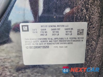 Zdjęcie 12 z 12 samochodu: 2017 CHEVROLET CRUZE LT VIN:1G1BE5SM9H7135268 - miniatura