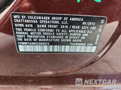 Zdjęcie 12 z 12 samochodu: 2012 VOLKSWAGEN PASSAT SE VIN:1VWBP7A39CC093073 - miniatura