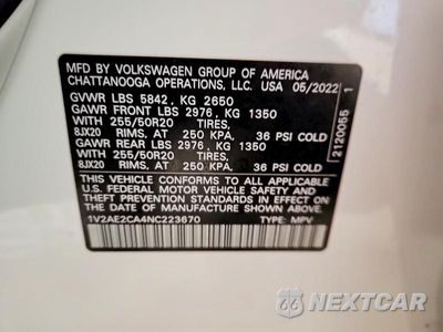 Zdjęcie 13 z 13 samochodu: 2022 VOLKSWAGEN ATLAS CROSS SPORT SEL R-LINE VIN:1V2AE2CA4NC223670 - miniatura