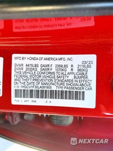 Zdjęcie 12 z 12 samochodu: 2020 HONDA ACCORD SPORT VIN:1HGCV1F30LA081605 - miniatura