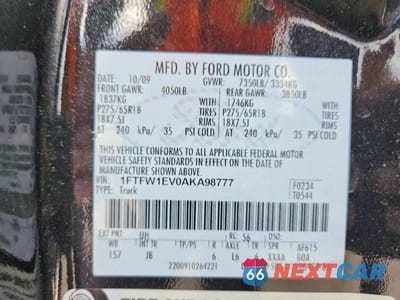 Zdjęcie 12 z 12 samochodu: 2010 FORD F150 SUPERCREW VIN:1FTFW1EV0AKA98777 - miniatura
