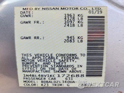 Zdjęcie 12 z 12 samochodu: 2019 NISSAN ALTIMA S VIN:1N4BL4BV1KC172688 - miniatura