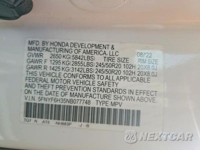Zdjęcie 13 z 13 samochodu: 2022 HONDA PILOT SPORT VIN:5FNYF6H35NB077748 - miniatura