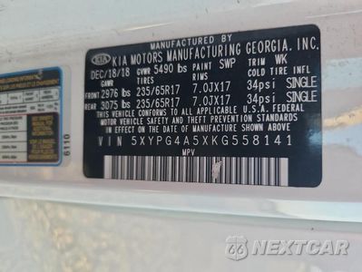 Zdjęcie 13 z 13 samochodu: 2019 KIA SORENTO LX V6 VIN:5XYPG4A5XKG558141 - miniatura