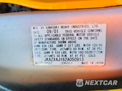Zdjęcie 9 z 9 samochodu: 2002 KAWASAKI ZX600 J1 VIN:JKAZX4J162A050913 - miniatura