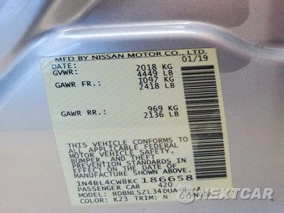 Zdjęcie 12 z 12 samochodu: 2019 NISSAN ALTIMA SR VIN:1N4BL4CW8KC186658 - miniatura