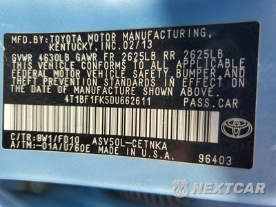 Zdjęcie 12 z 12 samochodu: 2013 TOYOTA CAMRY LE VIN:4T1BF1FK5DU662611 - miniatura