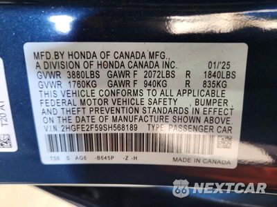 Zdjęcie 12 z 12 samochodu: 2025 HONDA CIVIC SPORT VIN:2HGFE2F59SH568189 - miniatura
