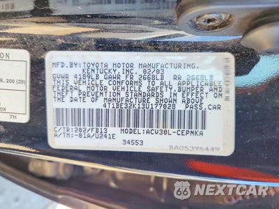 Zdjęcie 12 z 12 samochodu: 2003 TOYOTA CAMRY LE VIN:4T1BE32K13U177028 - miniatura