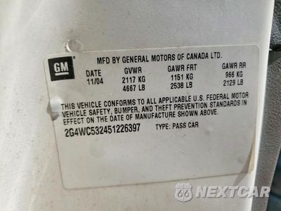 Zdjęcie 12 z 12 samochodu: 2005 BUICK LACROSSE CX VIN:2G4WC532451226397 - miniatura