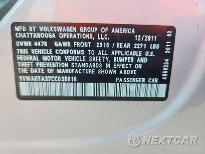 Zdjęcie 12 z 12 samochodu: 2012 VOLKSWAGEN PASSAT S VIN:1VWAH7A37CC035018 - miniatura