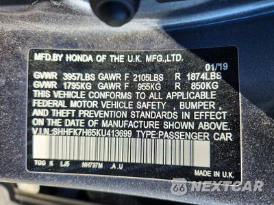 Zdjęcie 12 z 12 samochodu: 2019 HONDA CIVIC EX VIN:SHHFK7H65KU413699 - miniatura