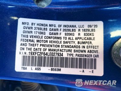 Zdjęcie 12 z 12 samochodu: 2020 HONDA CIVIC LX VIN:19XFC2F64LE027934 - miniatura