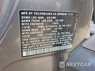 Zdjęcie 13 z 13 samochodu: 2012 VOLKSWAGEN TIGUAN S VIN:WVGAV7AX3CW003336 - miniatura