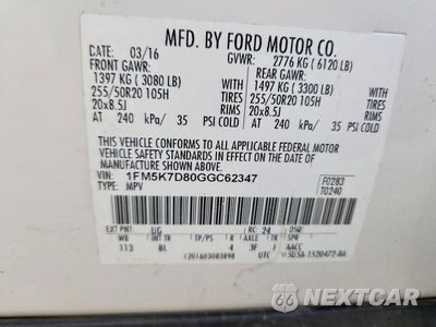 Zdjęcie 14 z 14 samochodu: 2016 FORD EXPLORER XLT VIN:1FM5K7D80GGC62347 - miniatura
