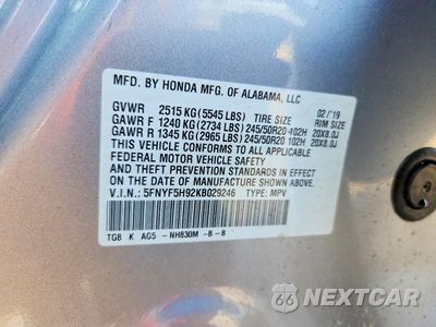 Zdjęcie 13 z 13 samochodu: 2019 HONDA PILOT TOURING VIN:5FNYF5H92KB029246 - miniatura