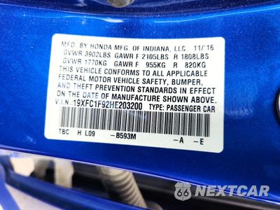 Zdjęcie 13 z 13 samochodu: 2017 HONDA CIVIC TOURING VIN:19XFC1F92HE203200 - miniatura