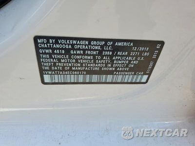 Zdjęcie 12 z 12 samochodu: 2014 VOLKSWAGEN PASSAT S VIN:1VWAT7A34EC060170 - miniatura