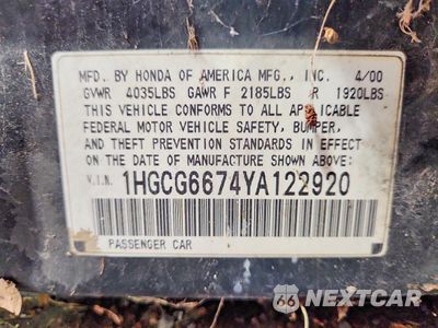 Zdjęcie 12 z 12 samochodu: 2000 HONDA ACCORD EX VIN:1HGCG6674YA122920 - miniatura