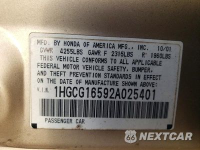 Zdjęcie 12 z 12 samochodu: 2002 HONDA ACCORD EX VIN:1HGCG16592A025401 - miniatura