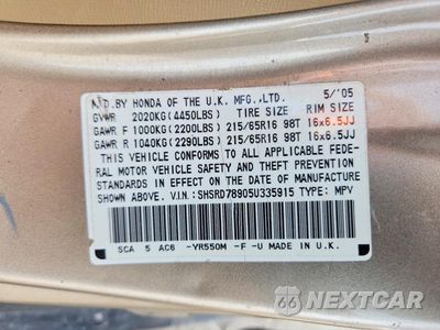 Zdjęcie 13 z 13 samochodu: 2005 HONDA CR-V SE VIN:SHSRD78905U335915 - miniatura