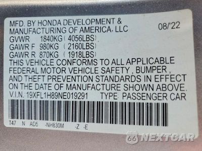 Zdjęcie 13 z 13 samochodu: 2022 HONDA CIVIC SPORT TOURING VIN:19XFL1H89NE019291 - miniatura