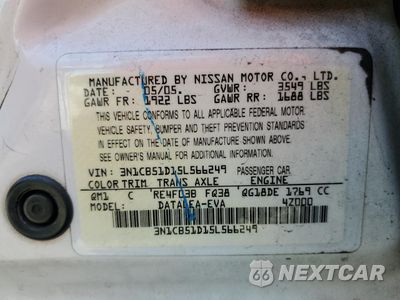 Zdjęcie 12 z 12 samochodu: 2005 NISSAN SENTRA 1.8 VIN:3N1CB51D15L566249 - miniatura