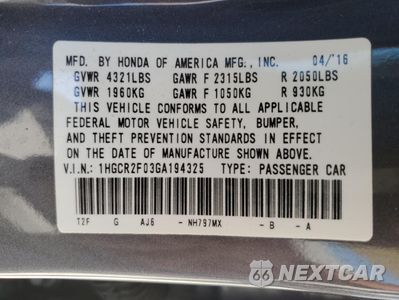 Zdjęcie 12 z 12 samochodu: 2016 HONDA ACCORD EX VIN:1HGCR2F03GA194325 - miniatura
