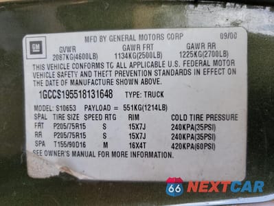 Zdjęcie 12 z 12 samochodu: 2001 CHEVROLET S TRUCK S10 VIN:1GCCS195518131648 - miniatura