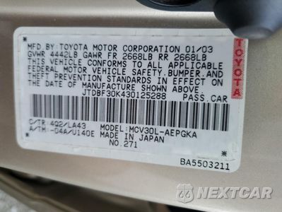 Zdjęcie 12 z 14 samochodu: 2003 TOYOTA CAMRY LE VIN:JTDBF30K430125288 - miniatura
