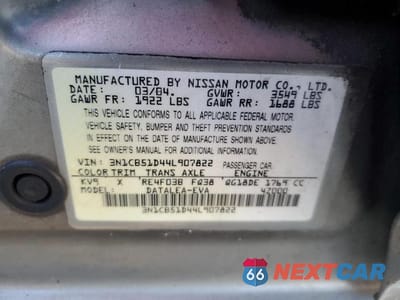 Zdjęcie 12 z 12 samochodu: 2004 NISSAN SENTRA 1.8 VIN:3N1CB51D44L907822 - miniatura
