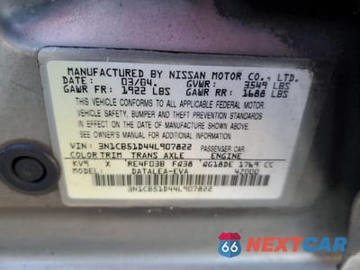 Zdjęcie 12 z 12 samochodu: 2004 NISSAN SENTRA 1.8 VIN:3N1CB51D44L907822 - miniatura
